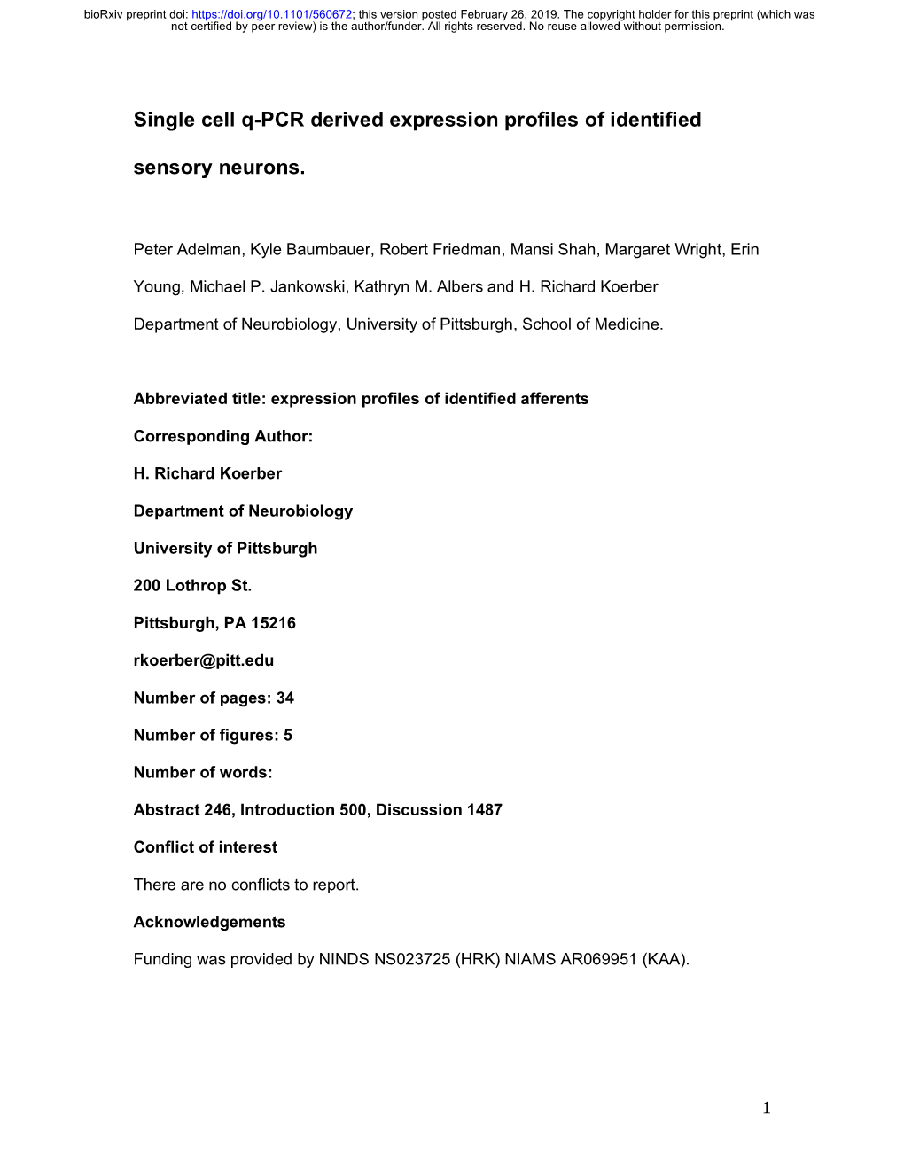 Single Cell Q-PCR Derived Expression Profiles of Identified Sensory Neurons