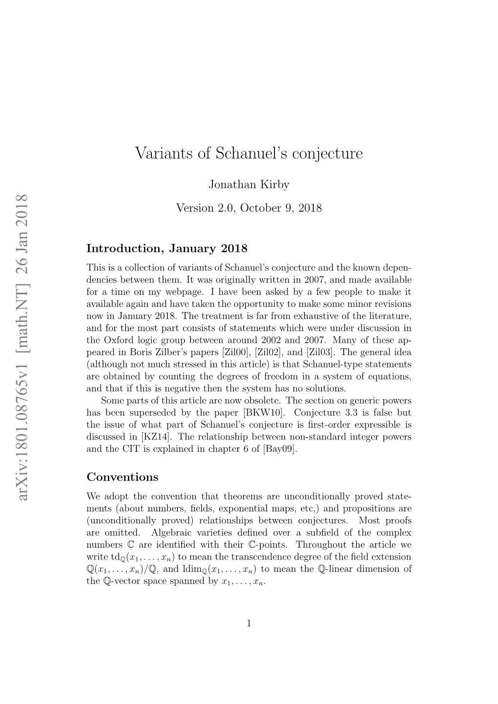 [Math.NT] 26 Jan 2018 Variants of Schanuel's Conjecture