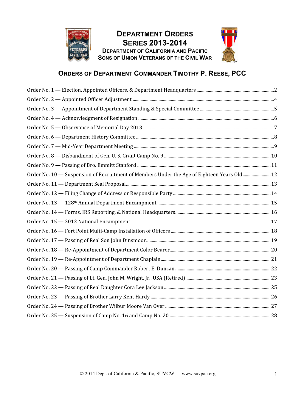 Series 2013-2014 Department of California and Pacific Sons of Union Veterans of the Civil War