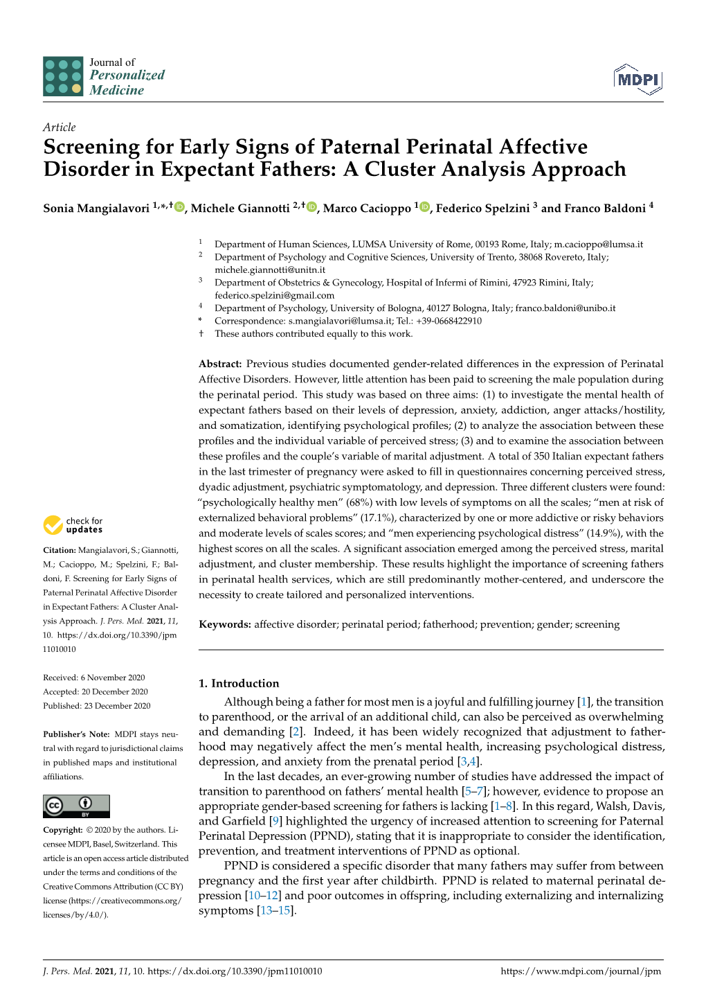 Screening for Early Signs of Paternal Perinatal Affective Disorder in Expectant Fathers: a Cluster Analysis Approach