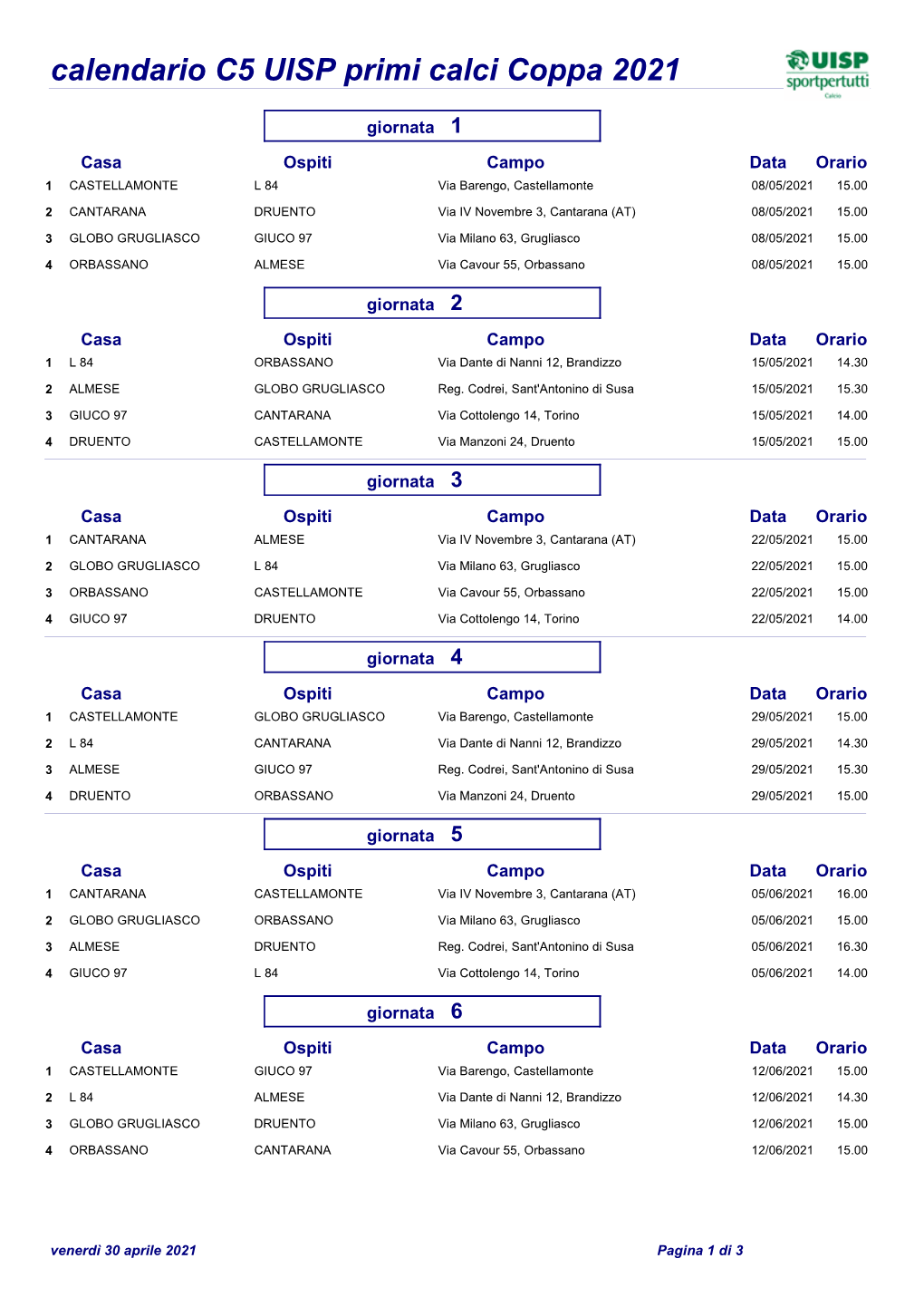 Calendario C5 UISP Primi Calci Coppa 2021