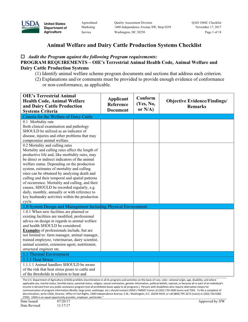 Animal Welfare and Dairy Cattle Production Systems Checklist