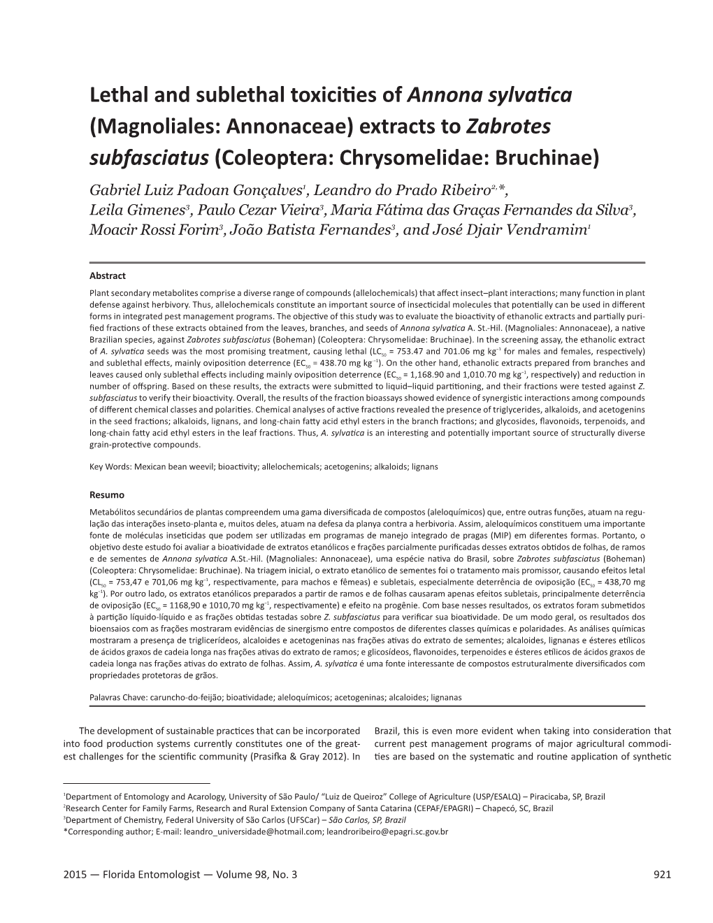 (Magnoliales: Annonaceae) Extracts to Zabrotes Subfasciatus