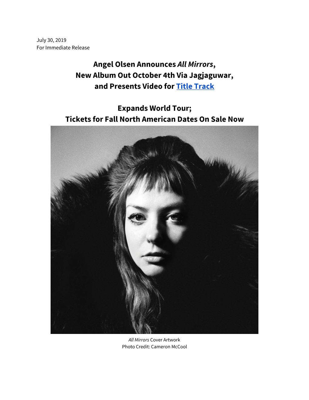 July 30, 2019 Angel Olsen Announces All Mirrors, New Album Out