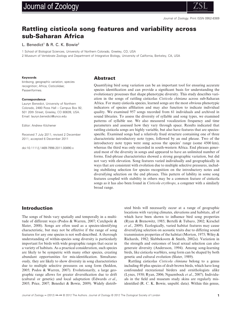 Rattling Cisticola Song Features and Variability Across Subsaharan Africa