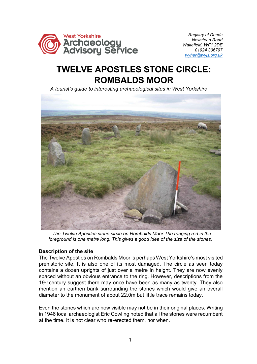 TWELVE APOSTLES STONE CIRCLE: ROMBALDS MOOR a Tourist’S Guide to Interesting Archaeological Sites in West Yorkshire
