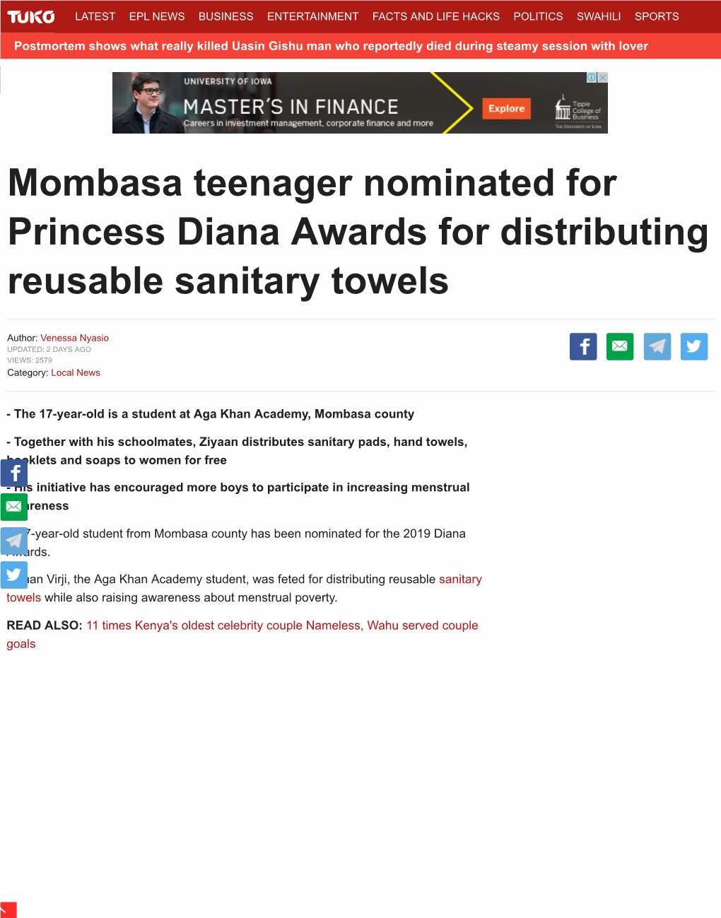 Mombasa Teenager Nominated for Princess Diana Awards for Distributing Reusable Sanitary Towels