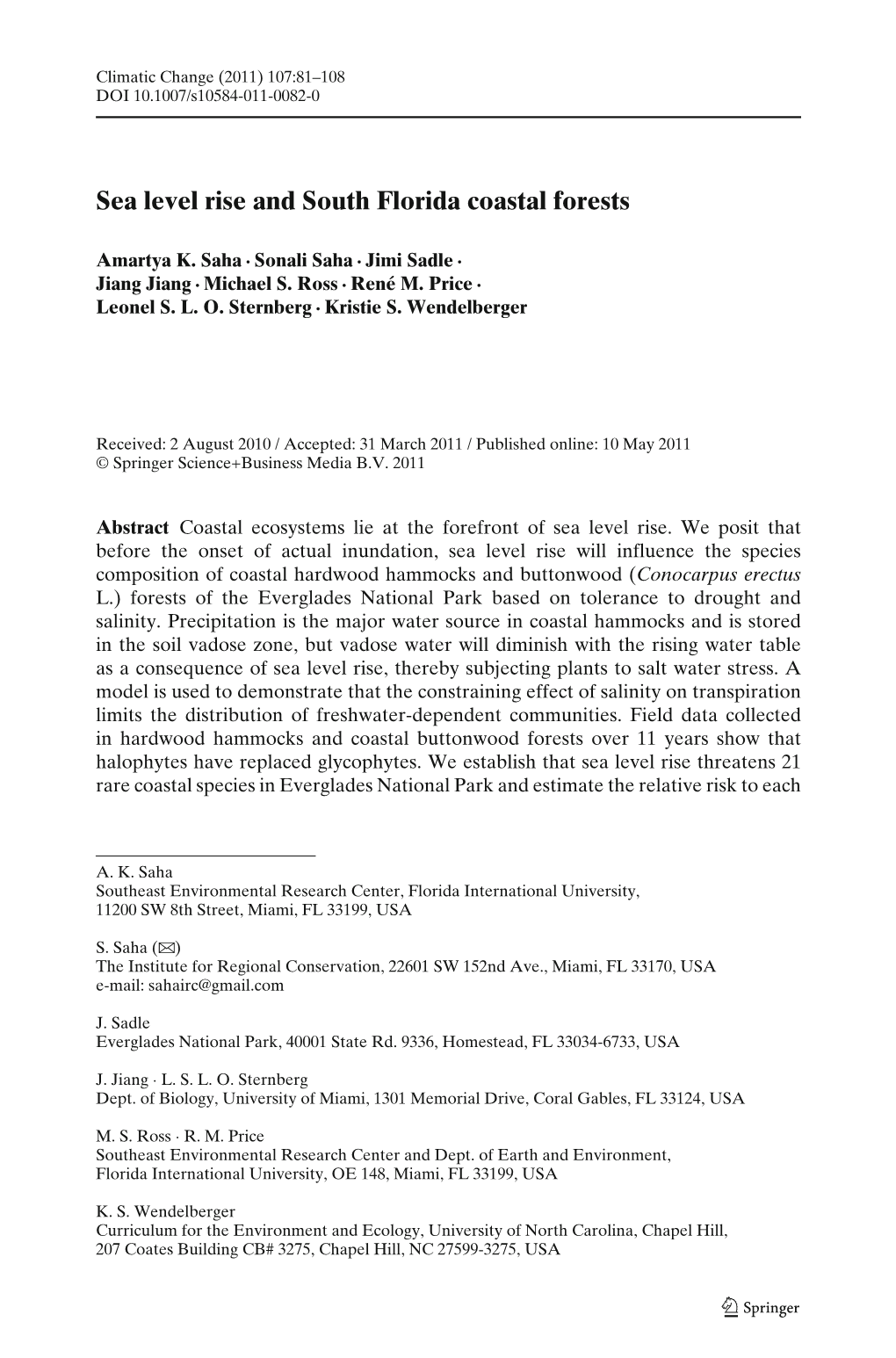 Sea Level Rise and South Florida Coastal Forests