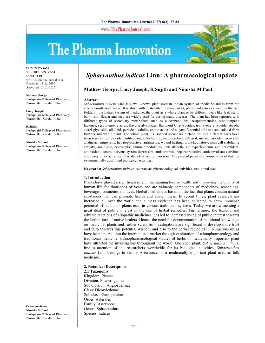 Sphaeranthus Indicus Linn: a Pharmacological Update