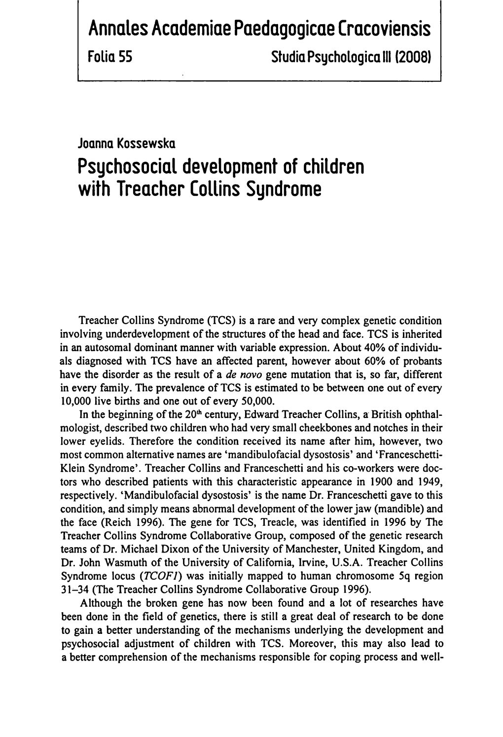 Psychosocial Development of Children with Treacher Collins Syndrome