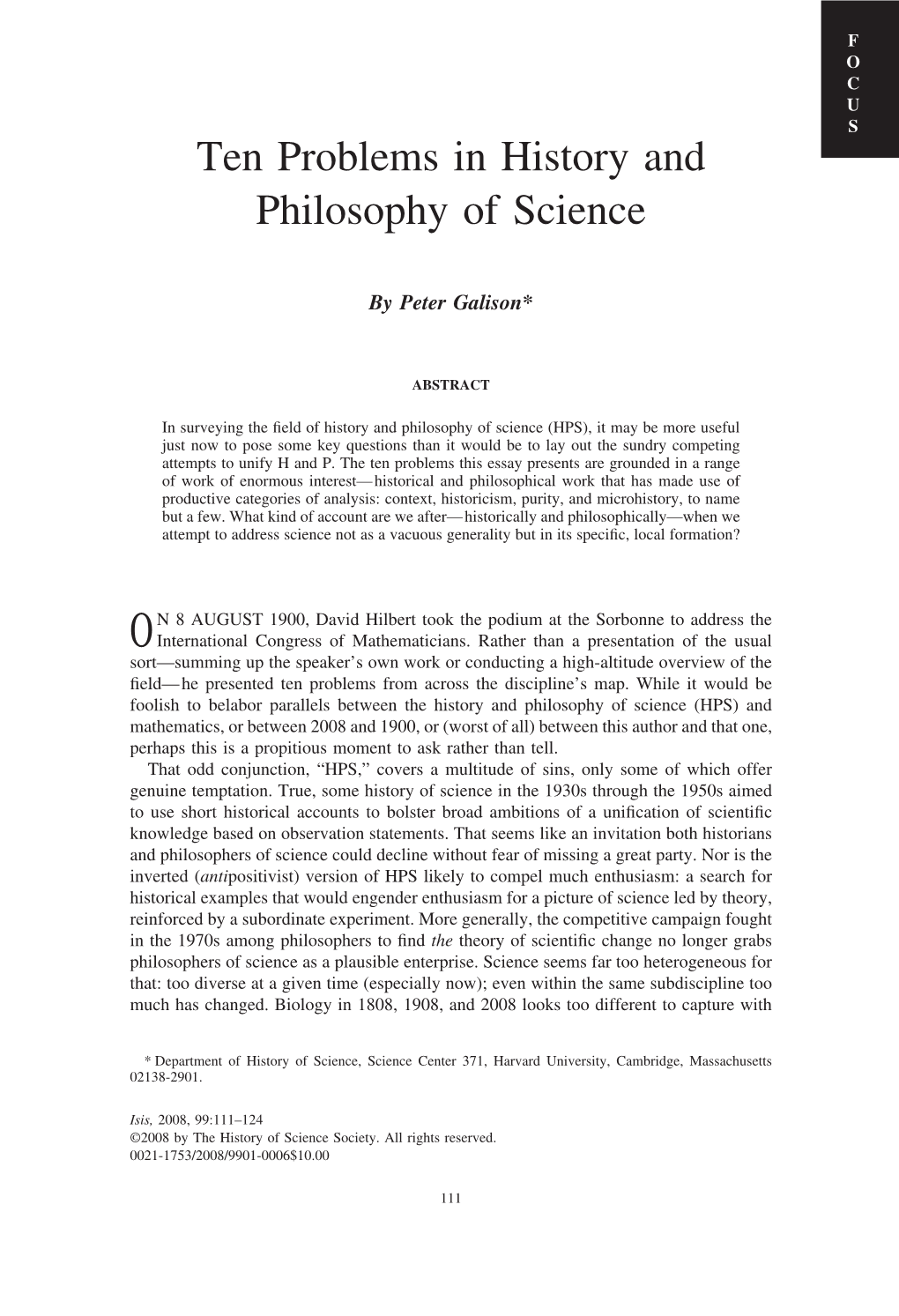 Ten Problems in History and Philosophy of Science