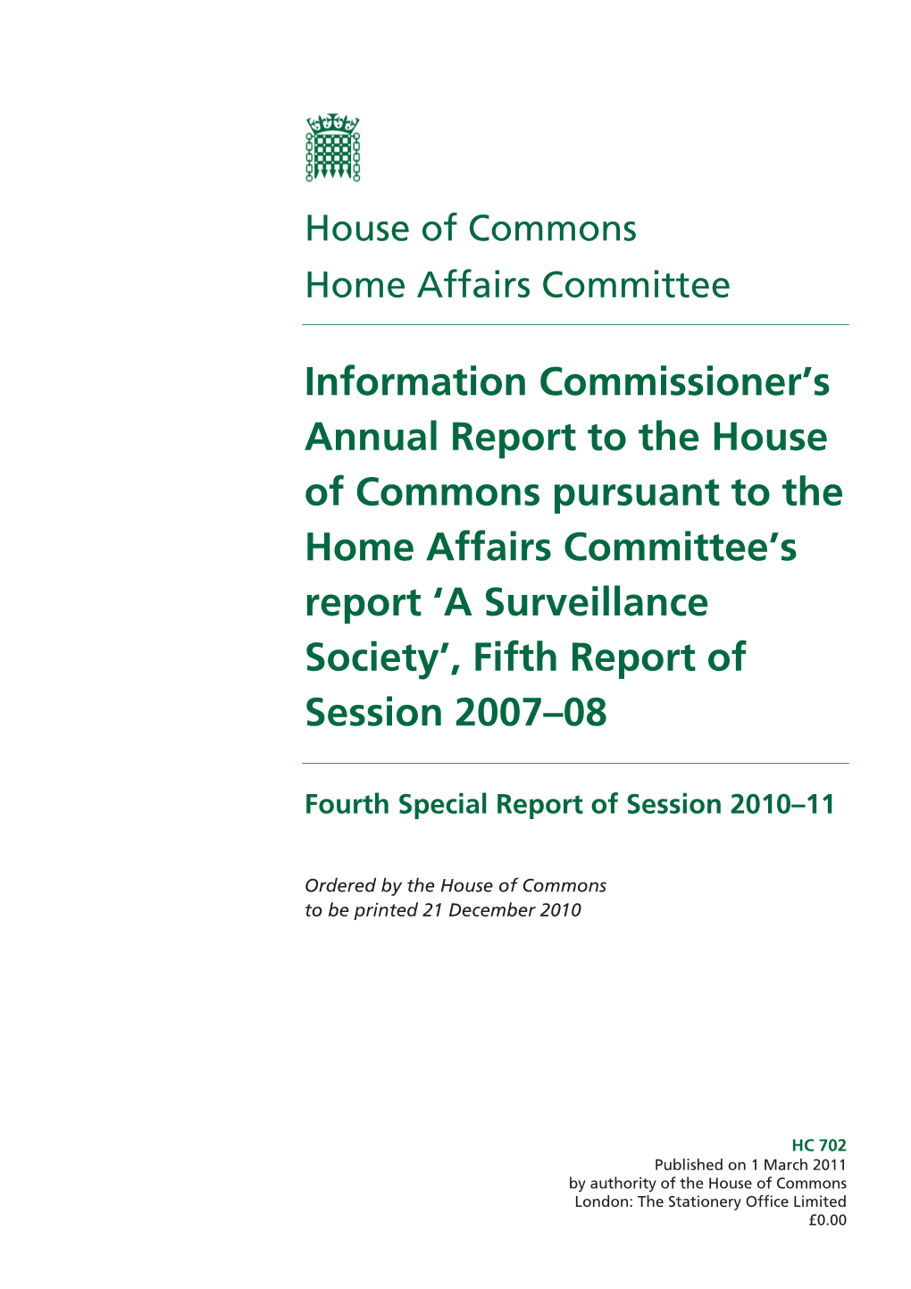 A Surveillance Society’, Fifth Report of Session 2007–08
