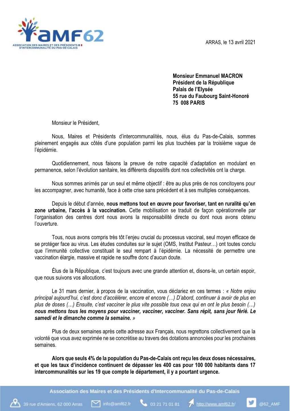 Lettre Ouverte De L'amf 62 Cosignée Par Jean-Philippe Boonaert, Maire De Laventie Adressée Au
