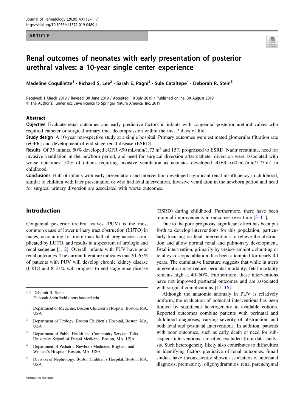 Renal Outcomes of Neonates with Early Presentation of Posterior Urethral Valves: a 10-Year Single Center Experience