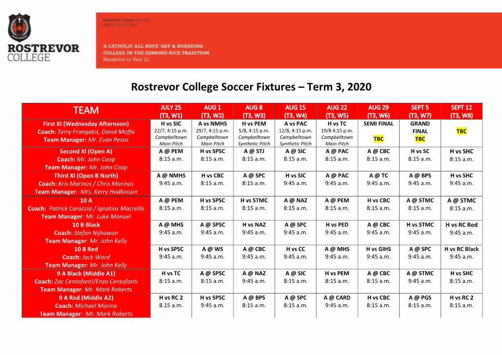 Rostrevor College Soccer Fixtures – Term 3, 2020