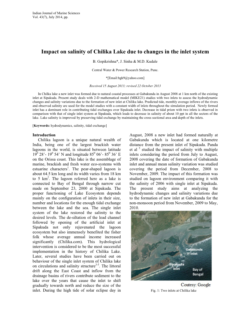 Impact on Salinity of Chilika Lake Due to Changes in the Inlet System
