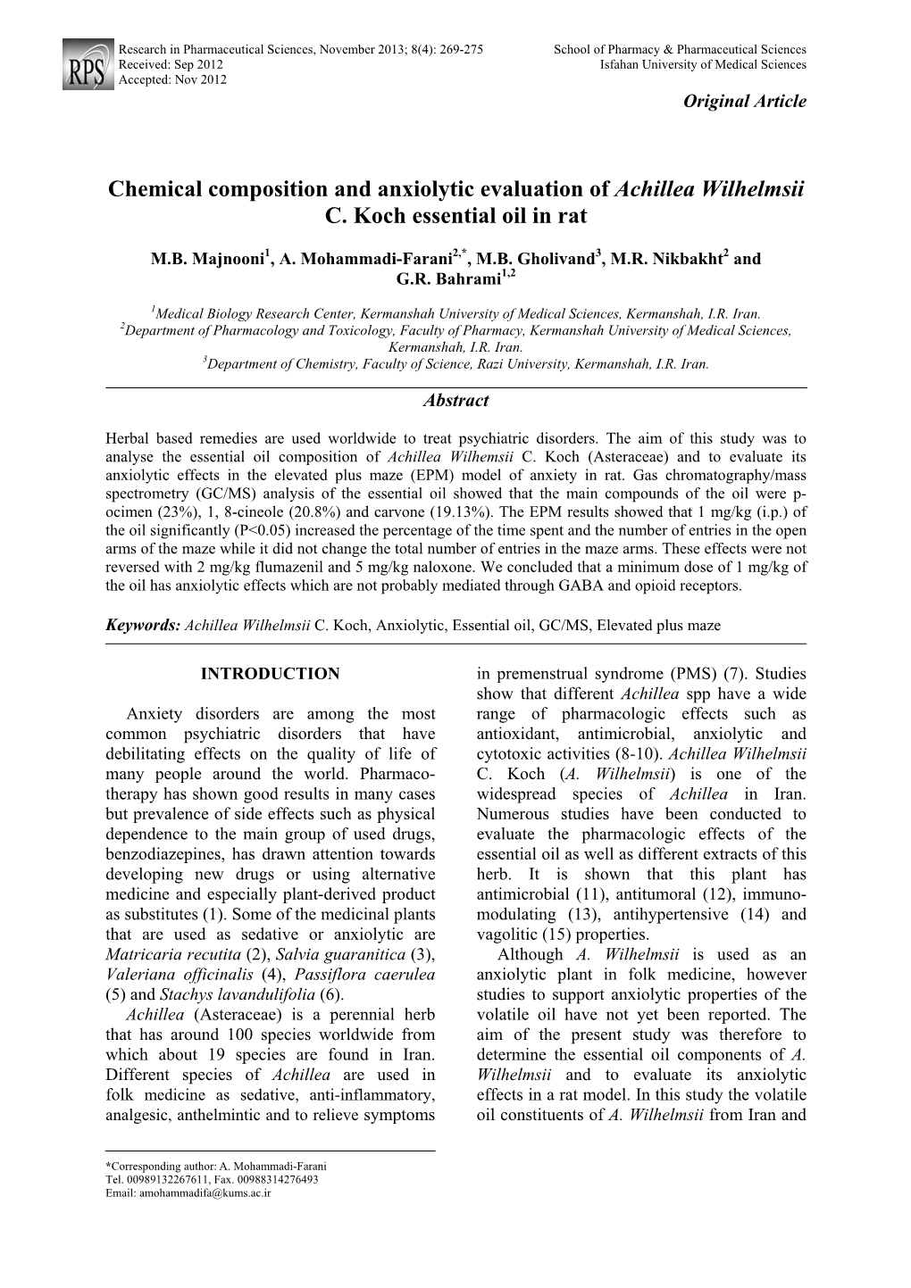 Chemical Composition and Anxiolytic Evaluation of Achillea Wilhelmsii C. Koch Essential Oil in Rat