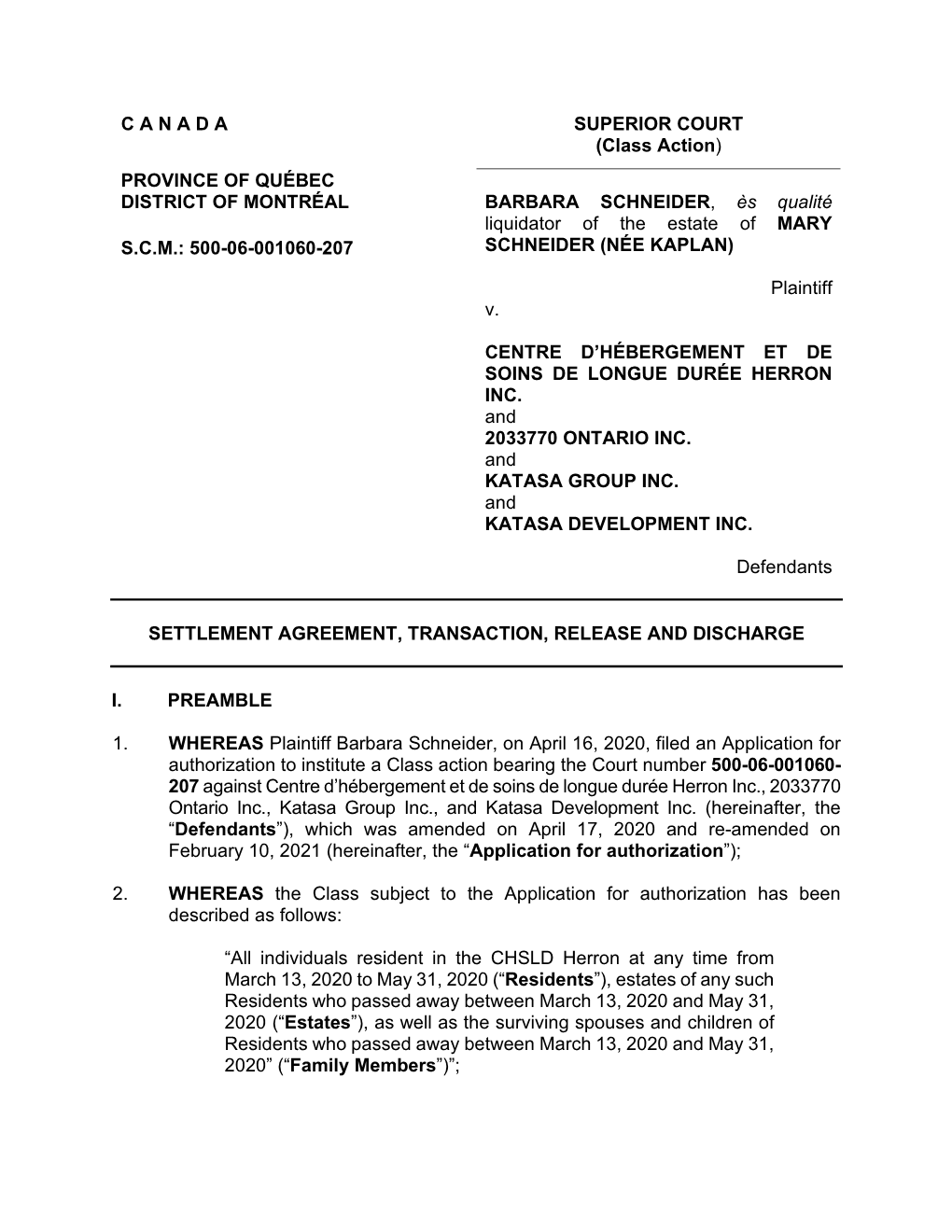 Settlement Agreement, Transaction, Release and Discharge