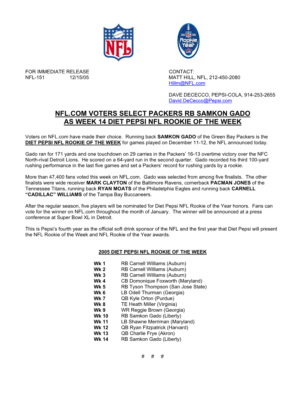 Nfl.Com Voters Select Packers Rb Samkon Gado As Week 14 Diet Pepsi Nfl Rookie of the Week