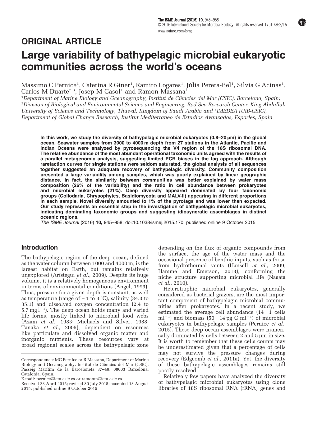 Large Variability of Bathypelagic Microbial Eukaryotic Communities Across the World’S Oceans