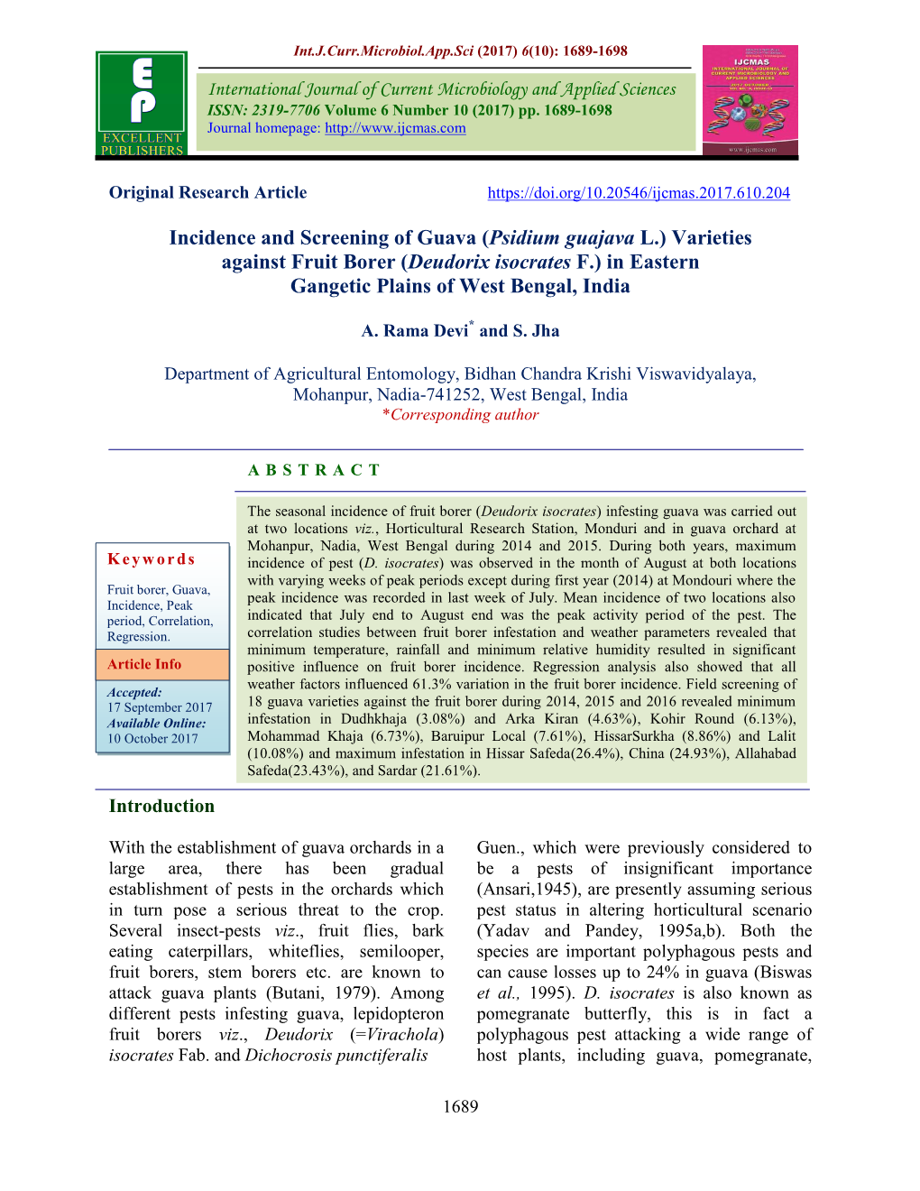 Incidence and Screening of Guava (Psidium Guajava L.) Varieties Against Fruit Borer (Deudorix Isocrates F.) in Eastern Gangetic Plains of West Bengal, India