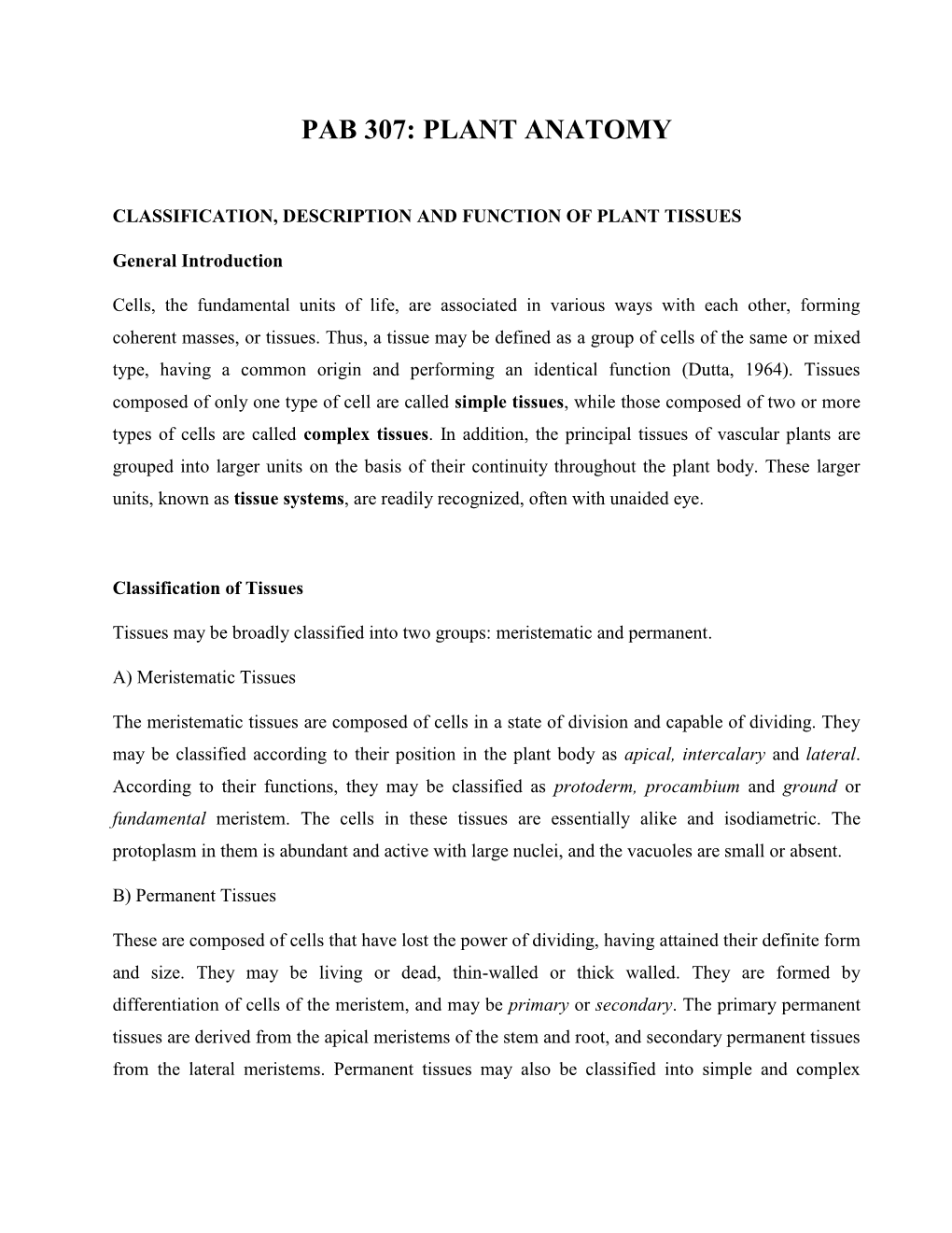 Pab 307: Plant Anatomy