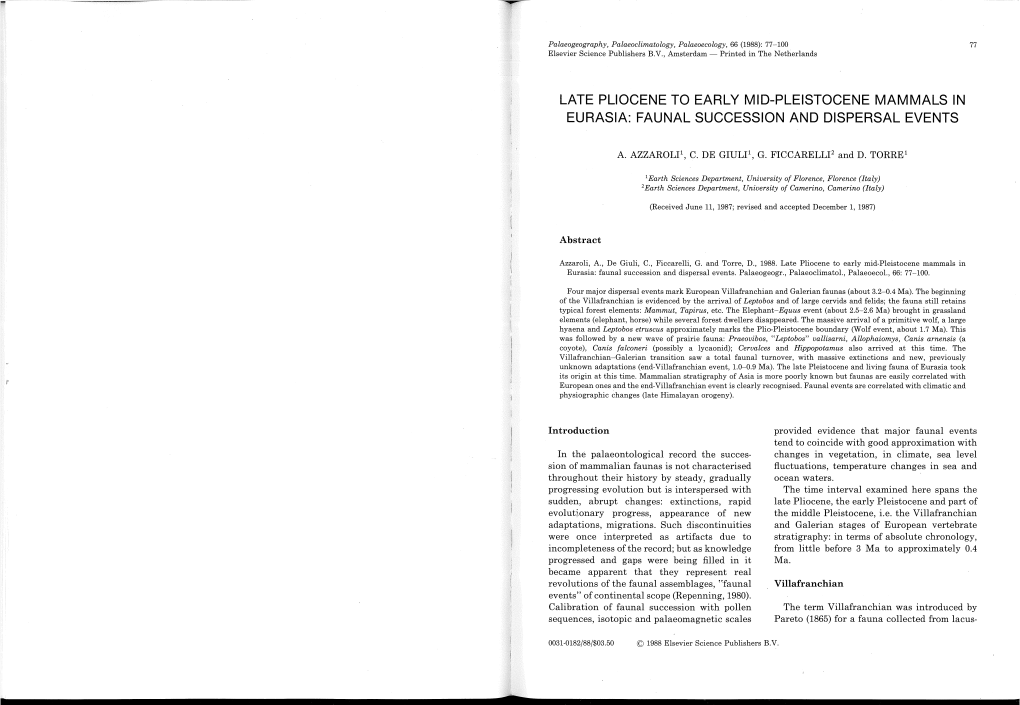 LATE Pllocene to EARLY MID-PLEISTOCENE MAMMALS in EURASIA: FAUNAL SUCCESSION and DISPERSAL EVENTS