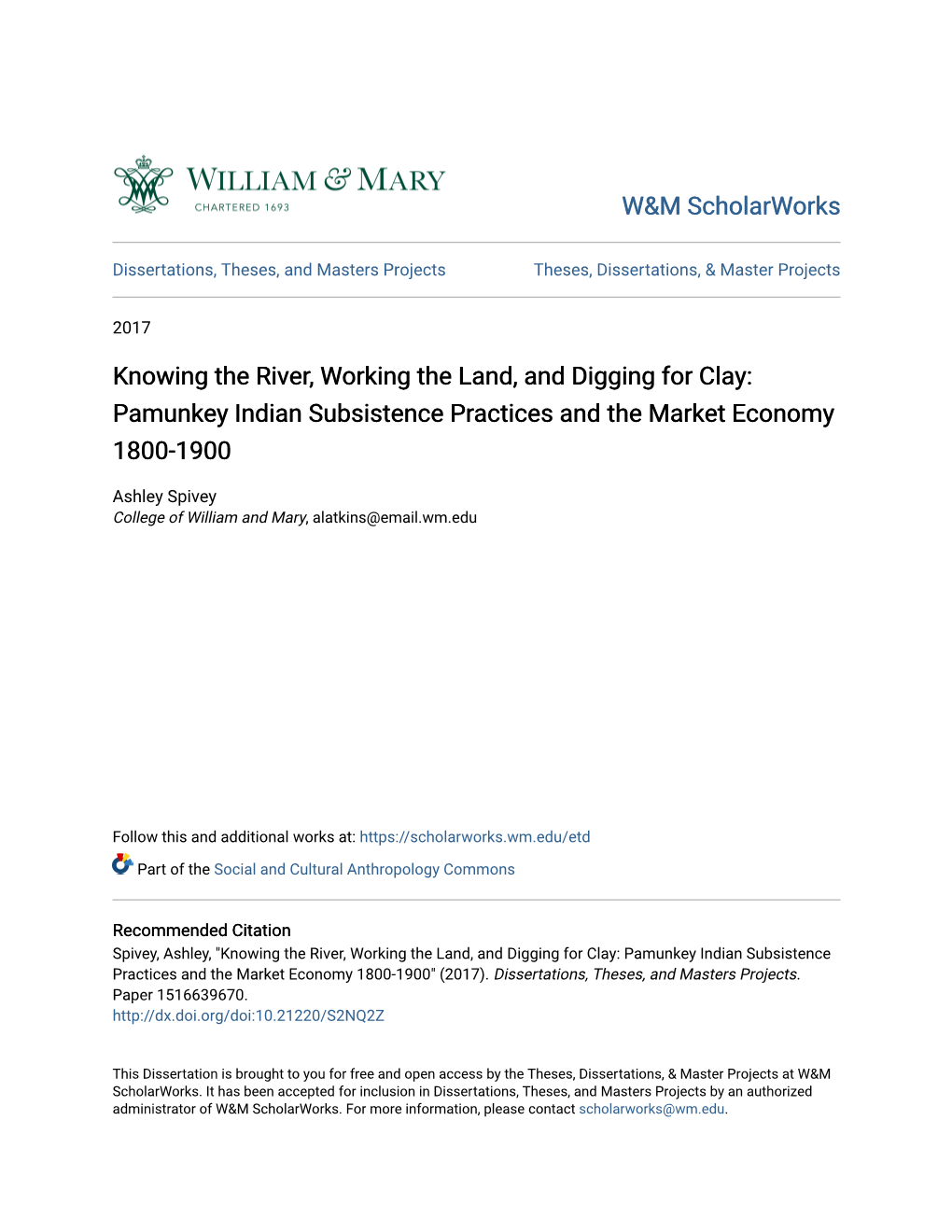 Pamunkey Indian Subsistence Practices and the Market Economy 1800-1900