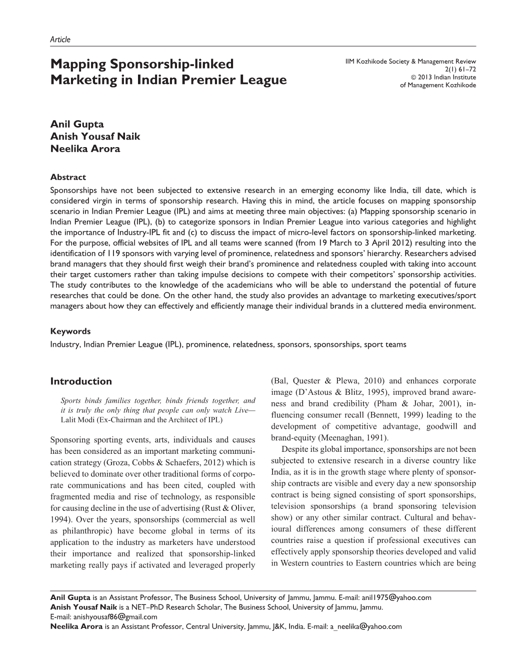 Mapping Sponsorship-Linked Marketing in Indian Premier League