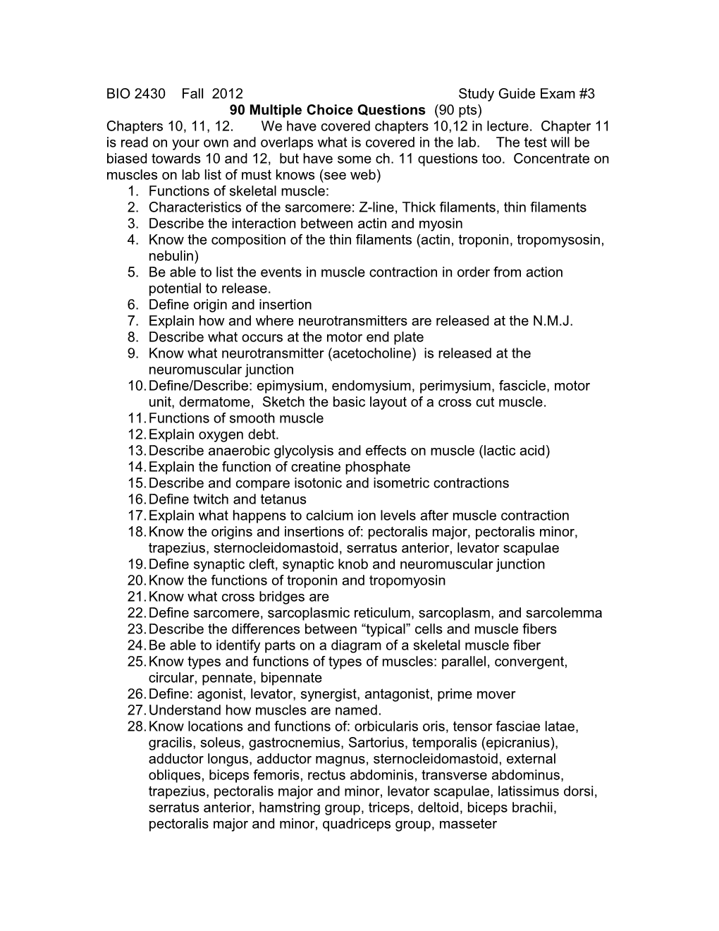 BIO 2430 Fall 2012 Study Guide Exam #3