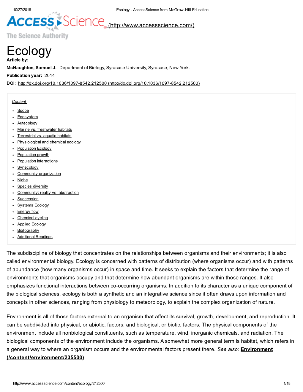 Ecology ­ Accessscience from Mcgraw­Hill Education