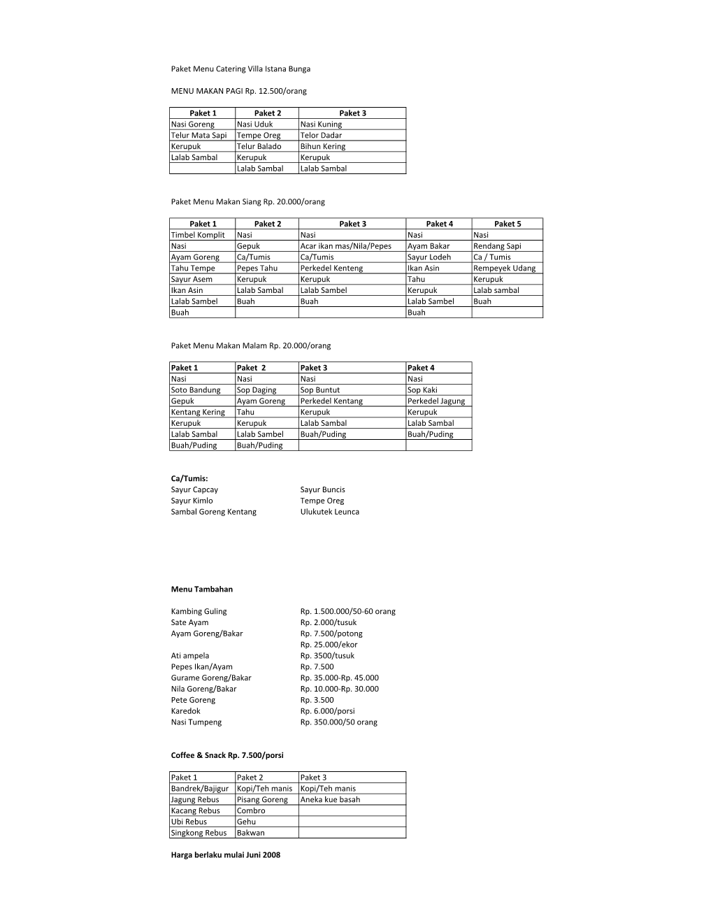 Menu Catering Villa Istana Bunga