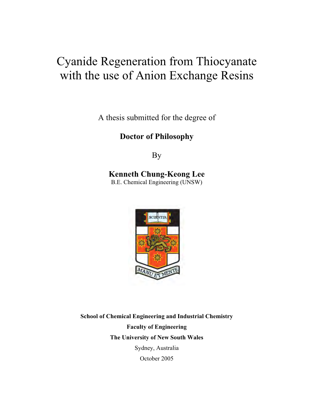 Cyanide Regeneration from Thiocyanate with the Use of Anion Exchange Resins