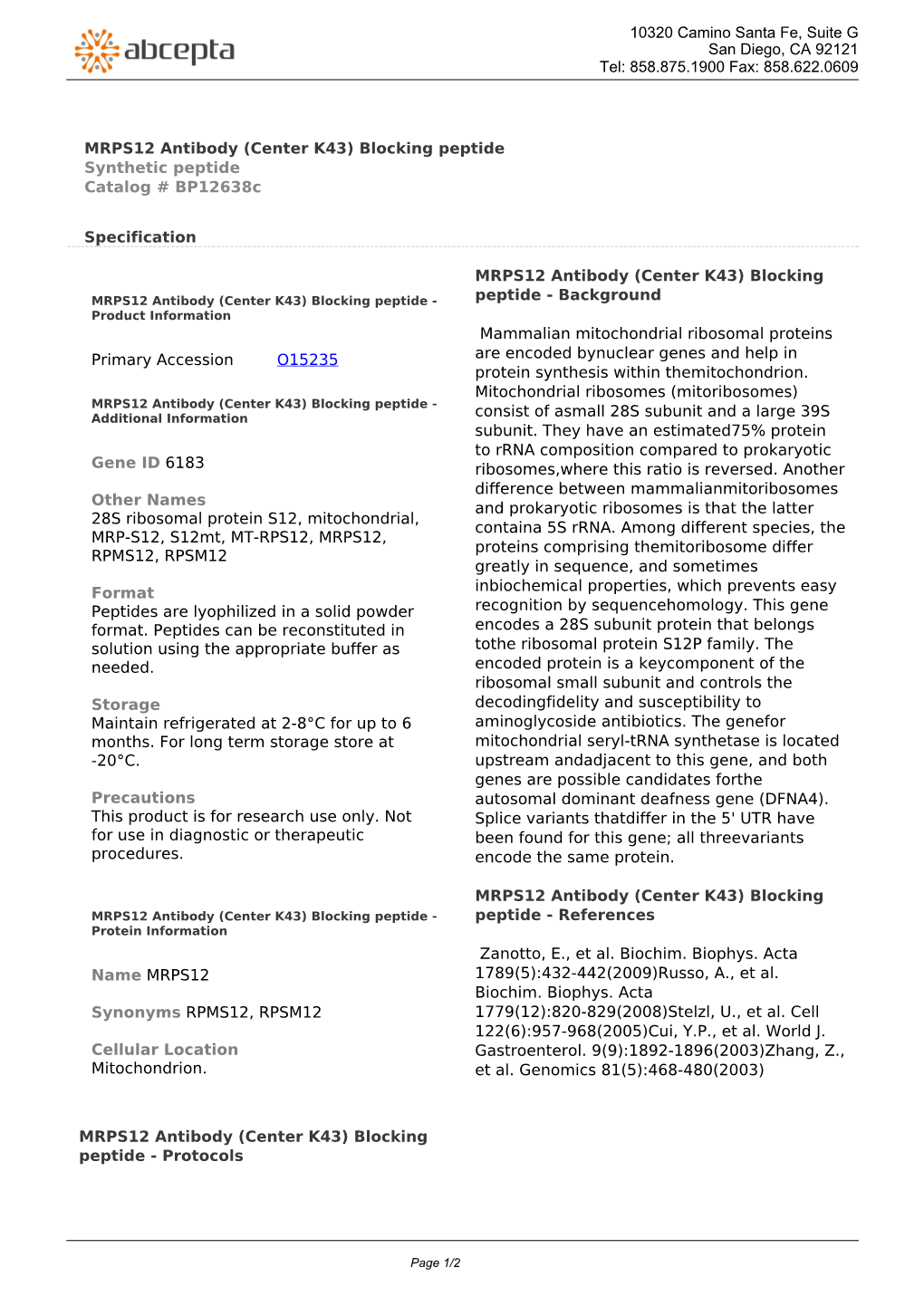 MRPS12 Antibody (Center K43) Blocking Peptide Synthetic Peptide Catalog # Bp12638c