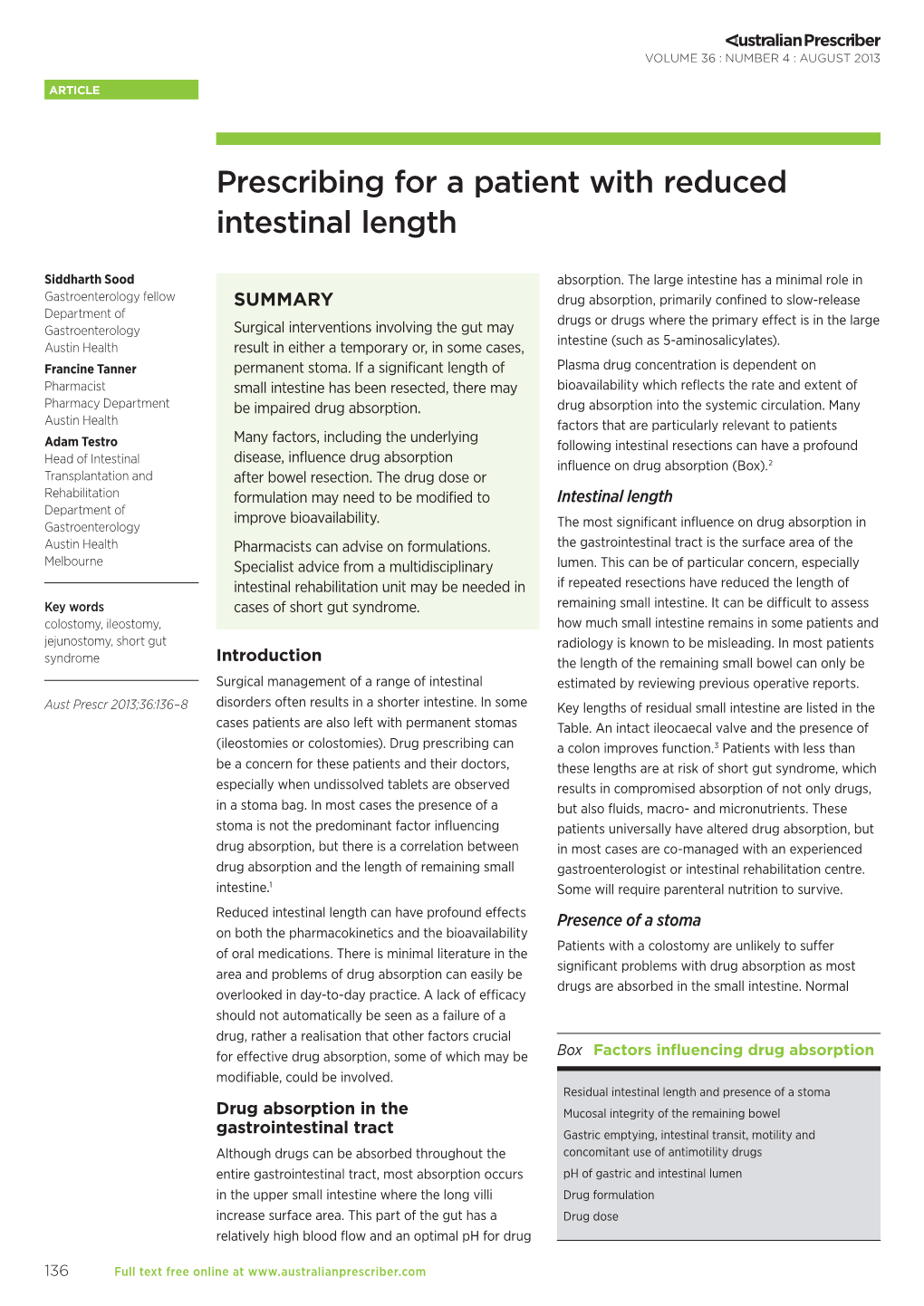 Prescribing for a Patient with Reduced Intestinal Length