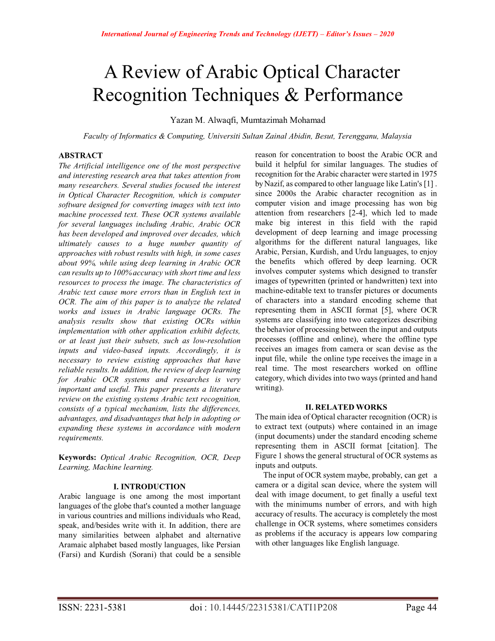 A Review of Arabic Optical Character Recognition Techniques & Performance