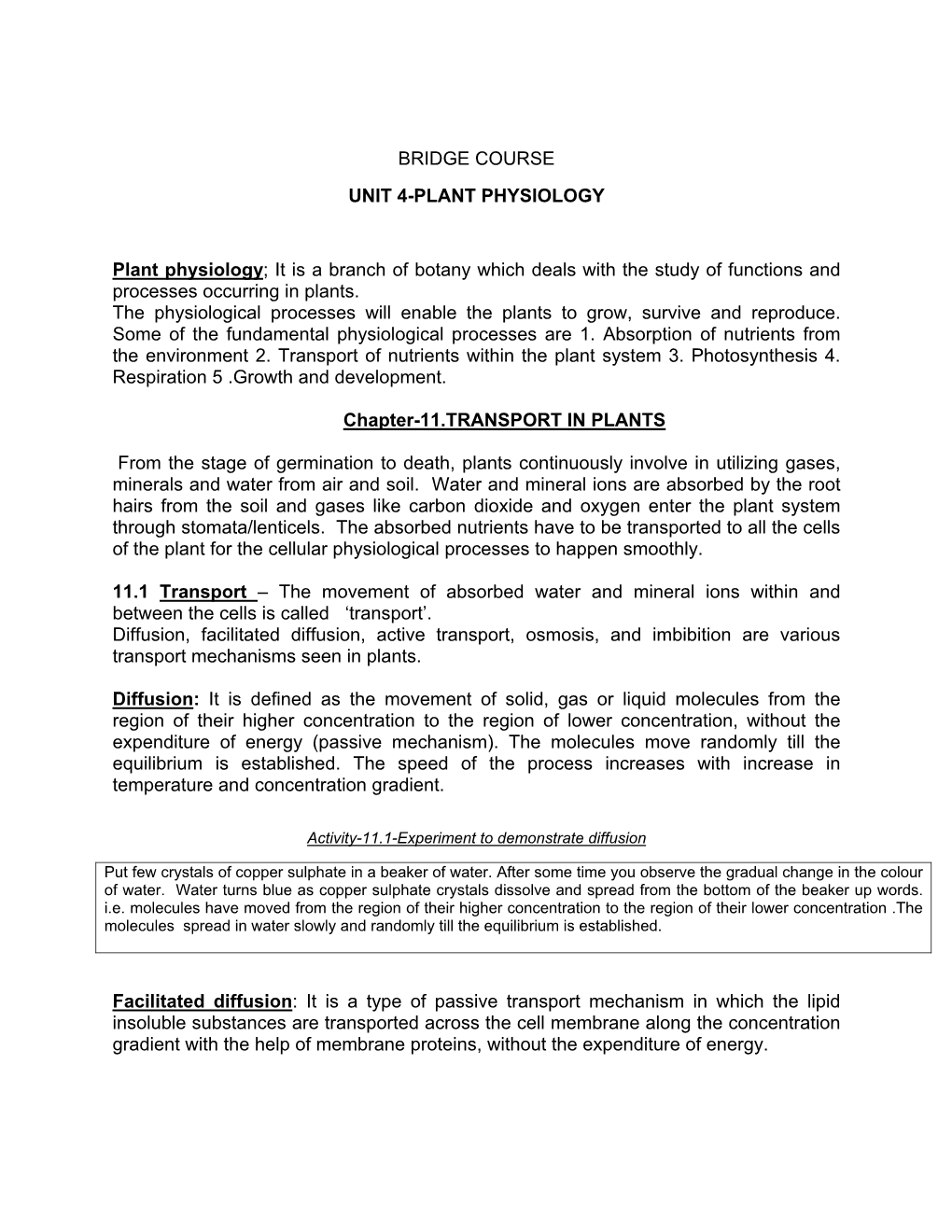 BRIDGE COURSE UNIT 4-PLANT PHYSIOLOGY Plant