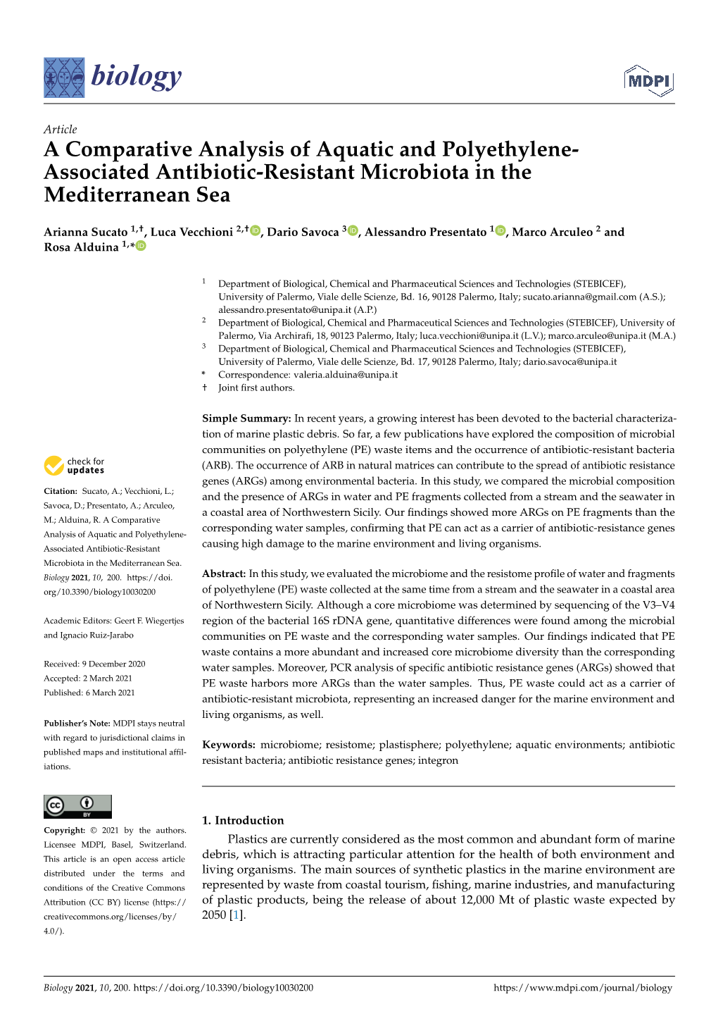 A Comparative Analysis of Aquatic and Polyethylene- Associated Antibiotic-Resistant Microbiota in the Mediterranean Sea