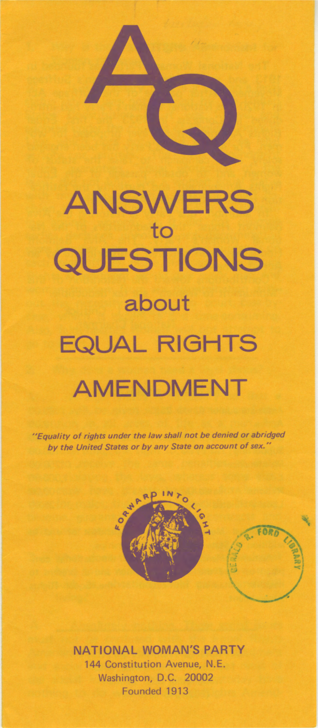 ANSWERS to QUESTIONS About EQUAL RIGHTS AMENDMENT