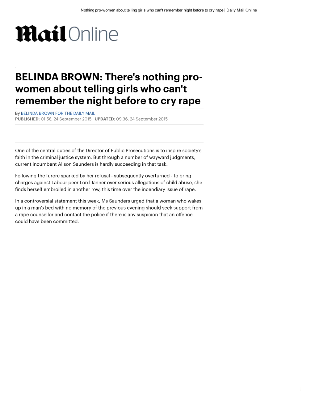 BELINDA BROWN: There's Nothing Pro- Women About Telling Girls Who Can't Remember the Night Before to Cry Rape