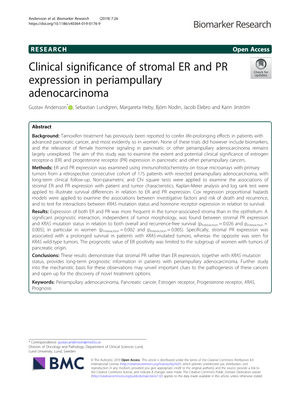 Clinical Significance of Stromal ER and PR Expression in Periampullary Adenocarcinoma