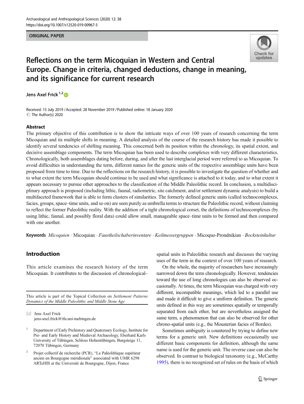 Reflections on the Term Micoquian in Western and Central Europe. Change in Criteria, Changed Deductions, Change in Meaning, and Its Significance for Current Research