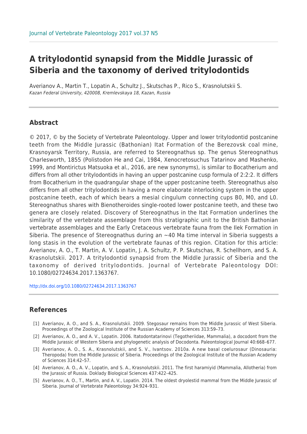 A Tritylodontid Synapsid from the Middle Jurassic of Siberia and the Taxonomy of Derived Tritylodontids