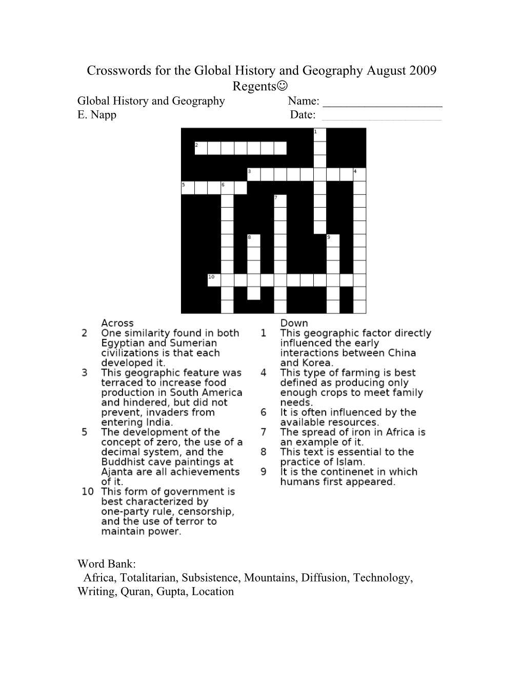 Crosswords for the Global History and Geography January 2008 Regents