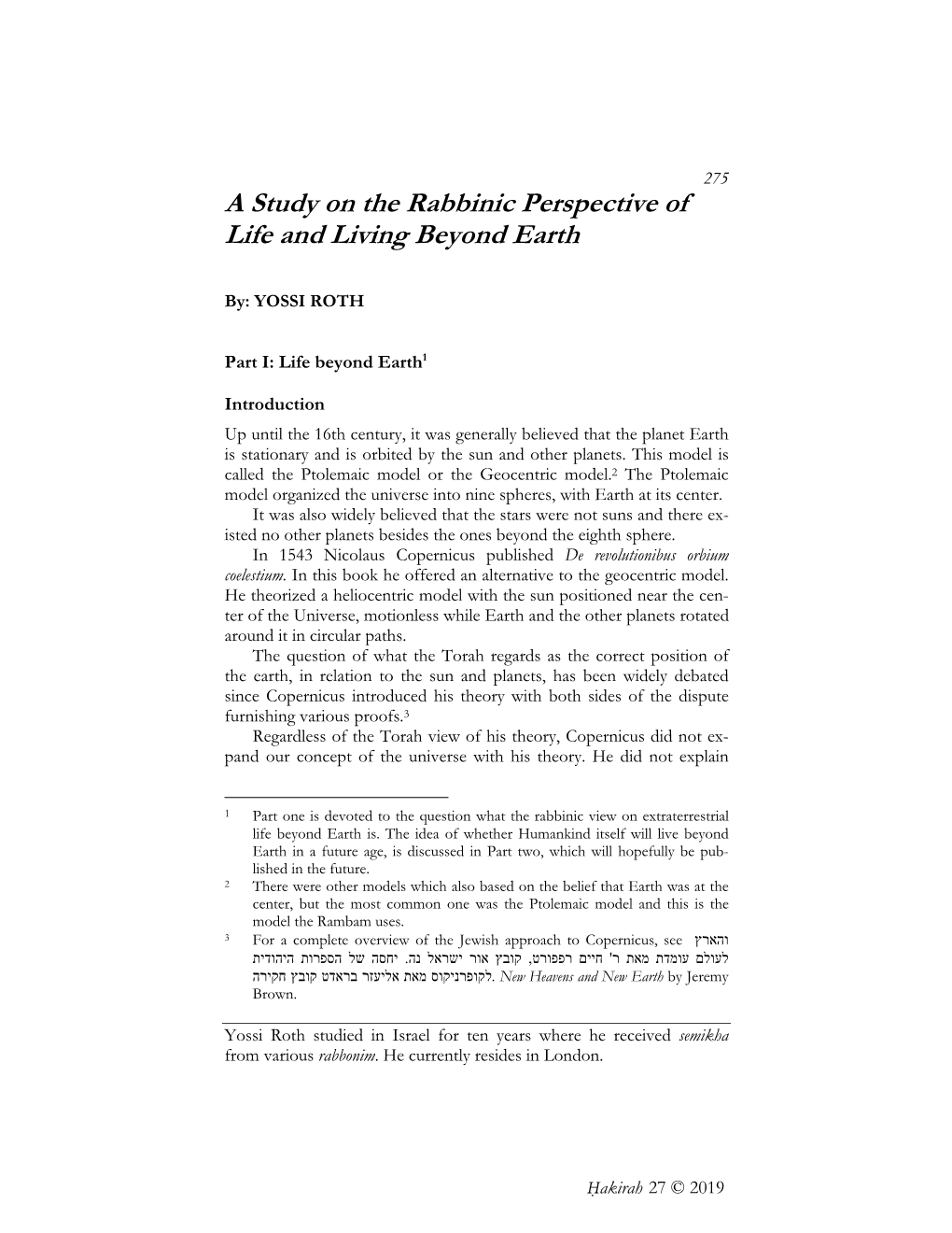 A Study on the Rabbinic Perspective of Life and Living Beyond Earth