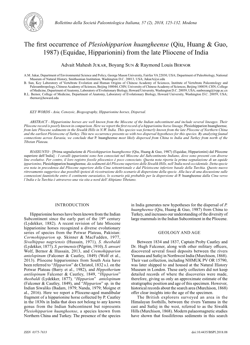 (Qiu, Huang & Guo, 1987) (Equidae, Hipparionini) from the Late Pliocene