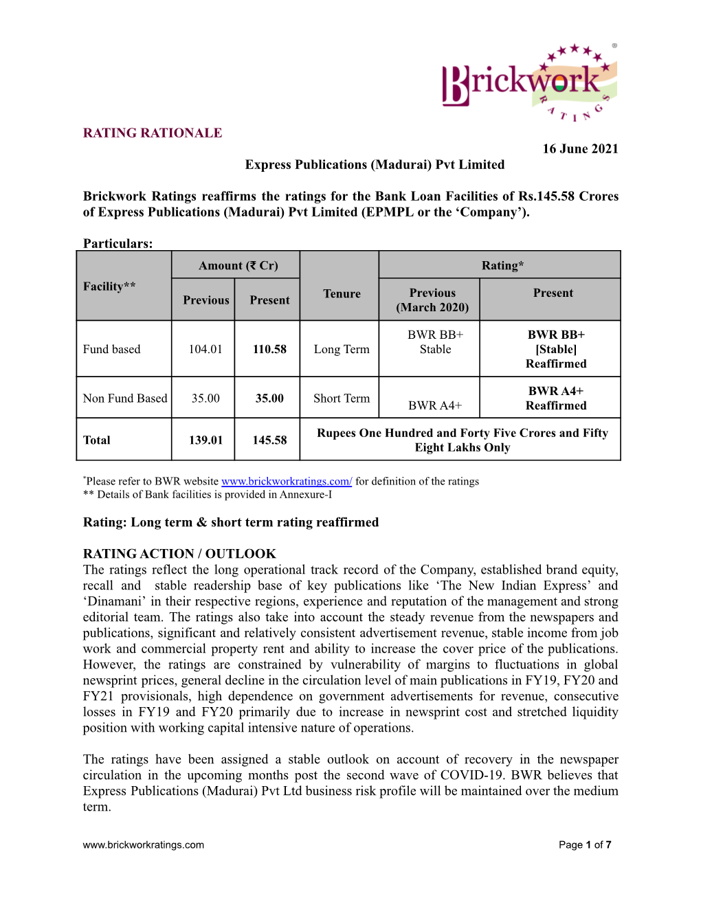 RATING RATIONALE 16 June 2021 Express Publications (Madurai) Pvt Limited