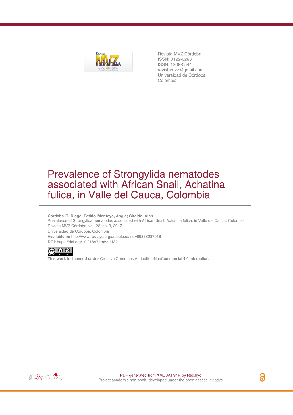 Prevalence of Strongylida Nematodes Associated with African Snail, Achatina Fulica, in Valle Del Cauca, Colombia