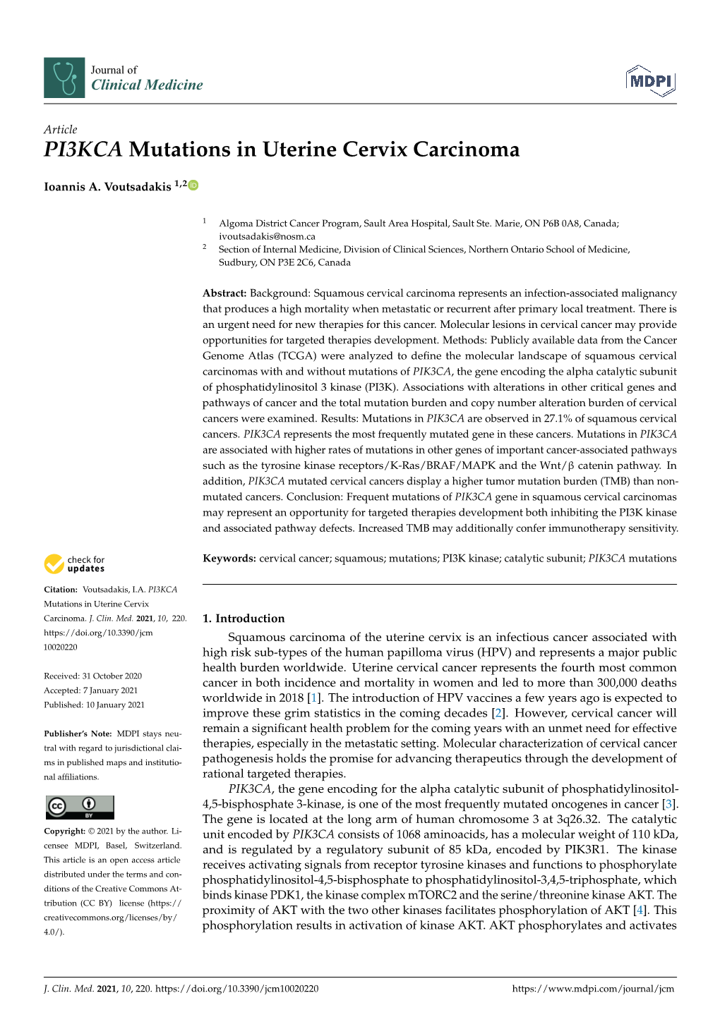 PI3KCA Mutations in Uterine Cervix Carcinoma