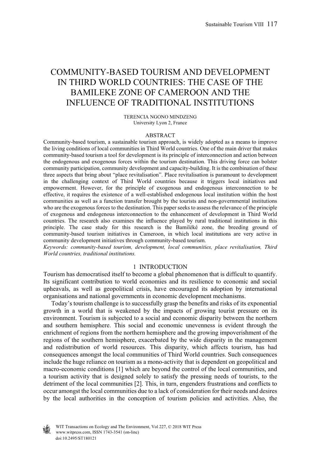 Community-Based Tourism and Development in Third World Countries: the Case of the Bamileke Zone of Cameroon and the Influence of Traditional Institutions